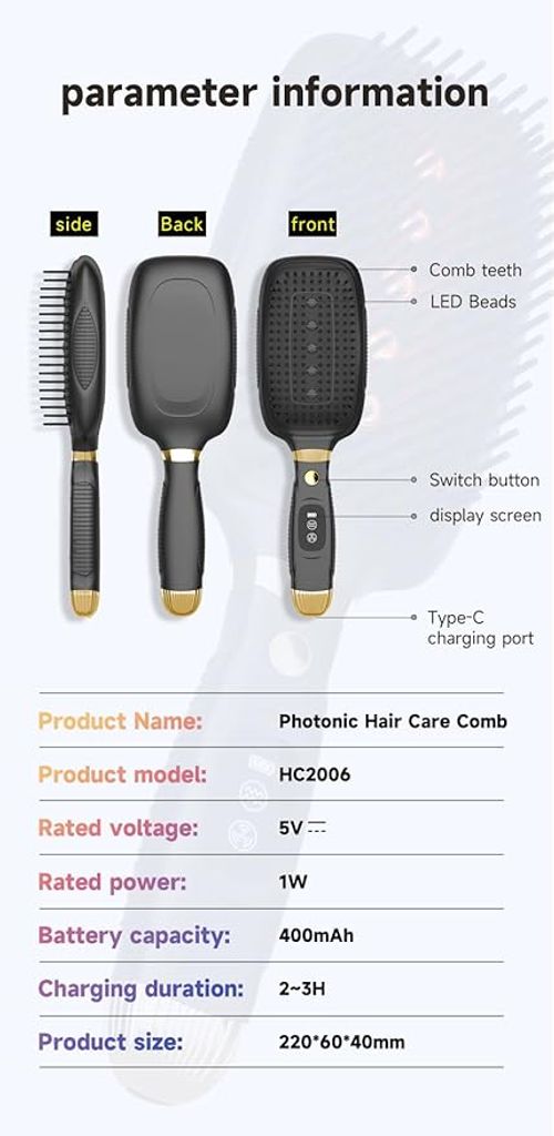 Red Light Therapy Comb, Professional Vibration & Microcurrent Massage Comb for Hair Treatment, Advanced Scalp Care Brush for Hair Styling Promote Hair Growth, Suitable for Men & Women (Black)
