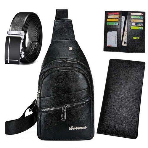 3 PCS Men Bags Chest Bags Crossbody Bags Wallets and Belts-Black