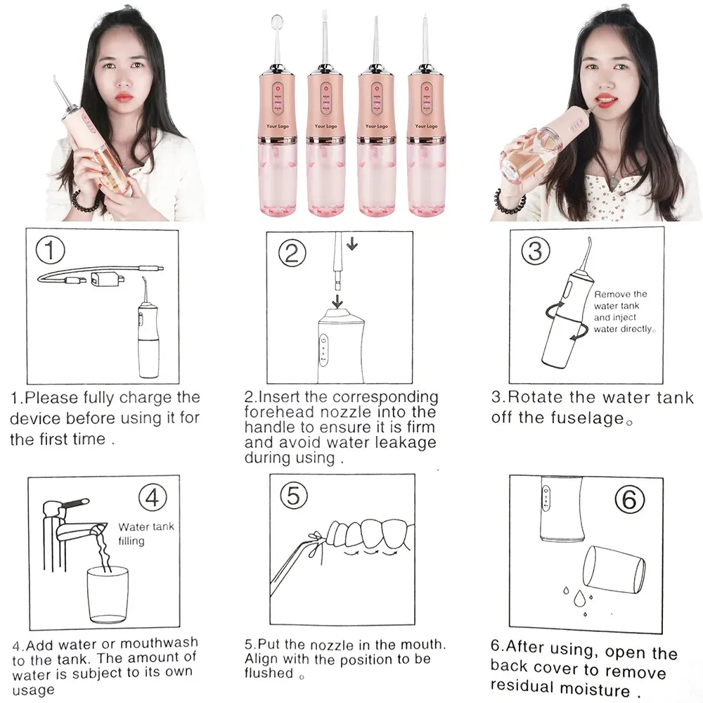 Portable dental flosser oral irrigator USB charging with dental floss spray tooth pick 4 tips 220 ml mouthwash machine