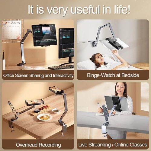 Rotatable Holder Stand Tablet Holder Multi-Angle Design Phone Clip Swivel Mount Desktop Aluminum Alloy Cantilever Bed Desk Home Live Folding Bracket Compatible with 4 inches - 13 inches Phone Tablet (Gray)