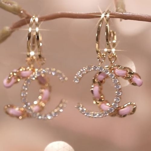 C pink leather diamond earrings S925 silver needle