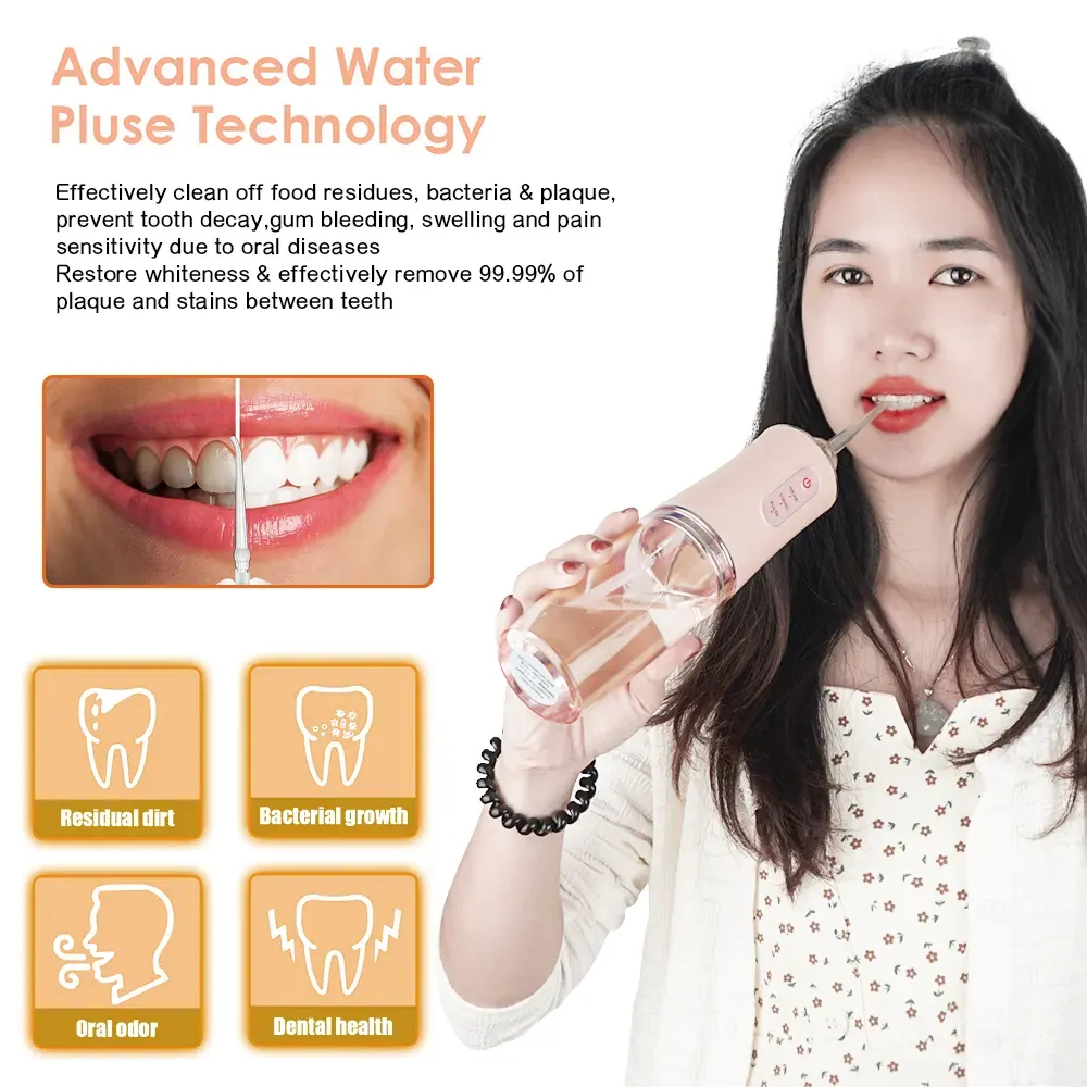 Portable dental flosser oral irrigator USB charging with dental floss spray tooth pick 4 tips 220 ml mouthwash machine