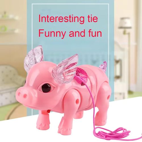 Motorized pull string animal toy pig with glow-in-the-dark music
