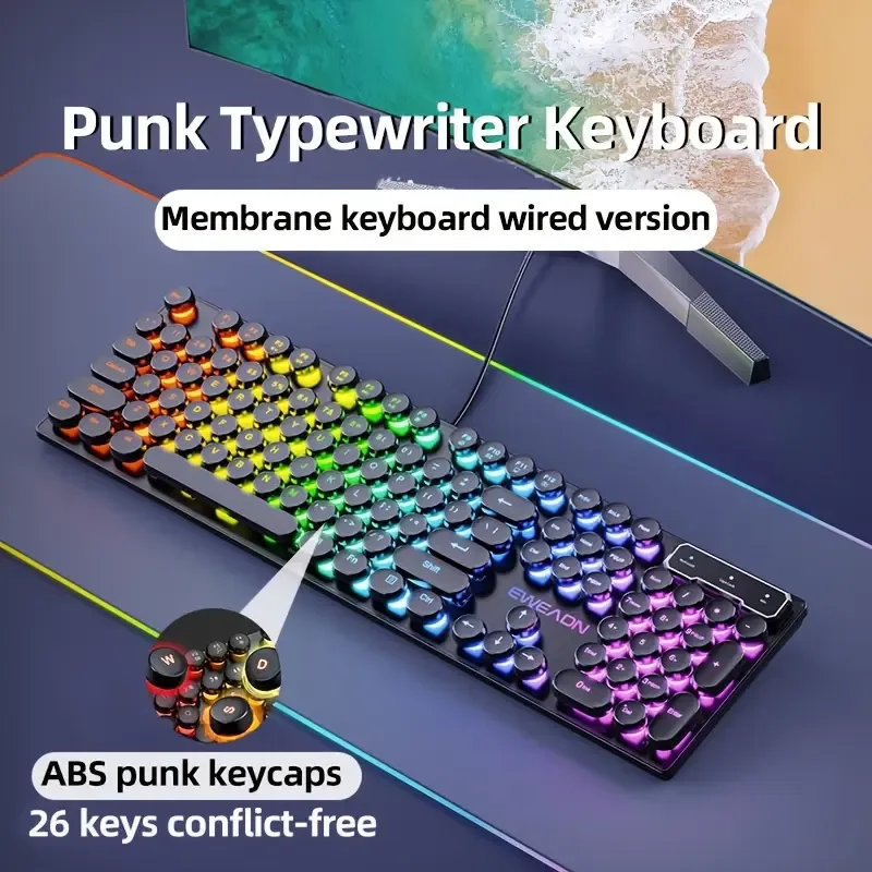 EWEADN GX330 Retro-Style Wired Gaming Keyboard - Experience Ergonomic Comfort with Silent, LED-Backlit Keys and Seamless USB Connectivity for PC and Laptop