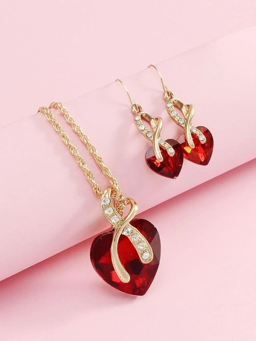 Women's Heart Necklace + Earrings - 2 Pieces Red