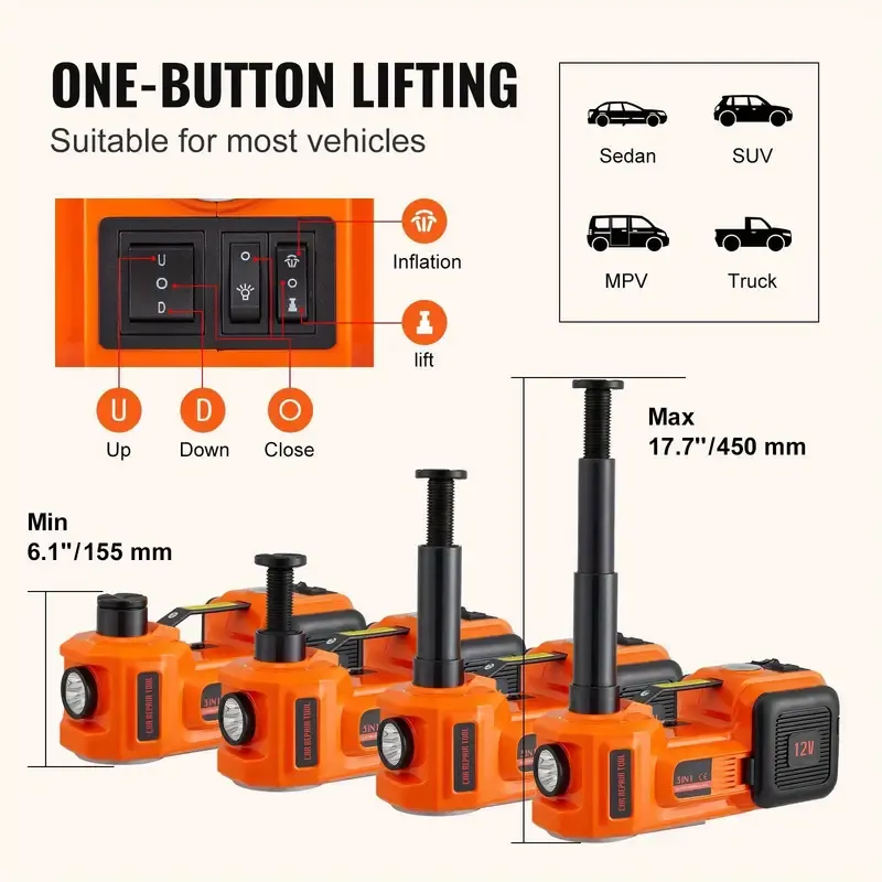 5 Ton Electric Car Jack - Portable Hydraulic Lifting System with 11023 LBS Capacity, Built-in Inflatable Pump, LED Light, and Easy Tire Changing for SUV, MPV, Sedan, Truck, and Garage Repair