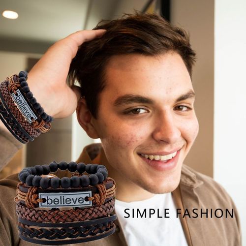 4 In 1 PU Leather Mens Bracelets Retro Braided Adjustable Hand Bracelet