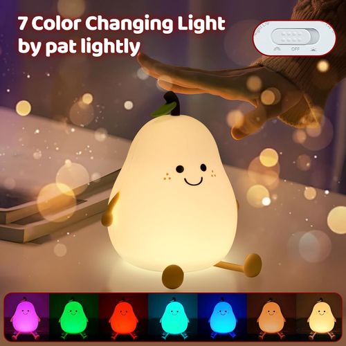 Cute Night Light Rechargeable with 7 Color Changing and Timer, Kids Pear Night Light for Toddler Baby Christmas Gifts, Touch Portable LED Silicone Lamp for Nursery