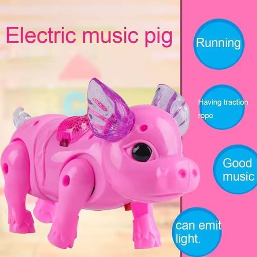 Motorized pull string animal toy pig with glow-in-the-dark music