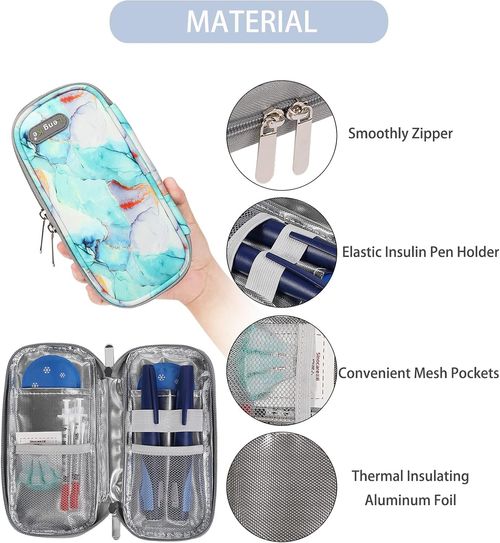 Insulin Cooler Travel Case for Diabetic Insulin Cooling Bag Travel Insulin Pencil Case Cooler Insulin Bag Diabetic Organizer Accessories with 2 Ice Packs, marble green, Compact