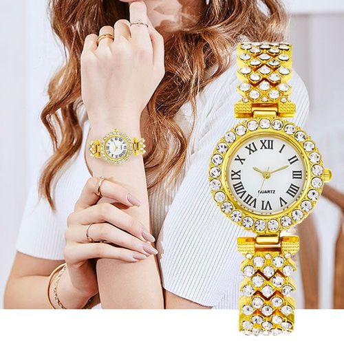 Elegant Studed Ladies Wristwatch With Hand Chain-Gold