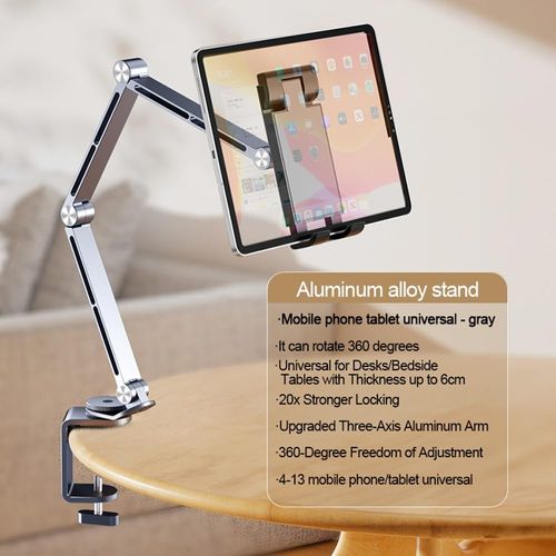 Rotatable Holder Stand Tablet Holder Multi-Angle Design Phone Clip Swivel Mount Desktop Aluminum Alloy Cantilever Bed Desk Home Live Folding Bracket Compatible with 4 inches - 13 inches Phone Tablet (Gray)