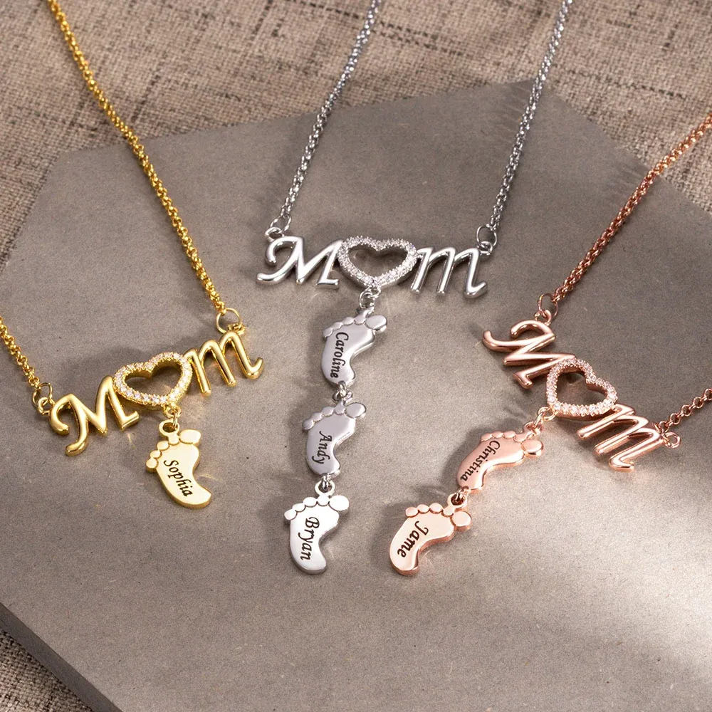Personalized Mom Wife Necklace with Baby Feet Necklace