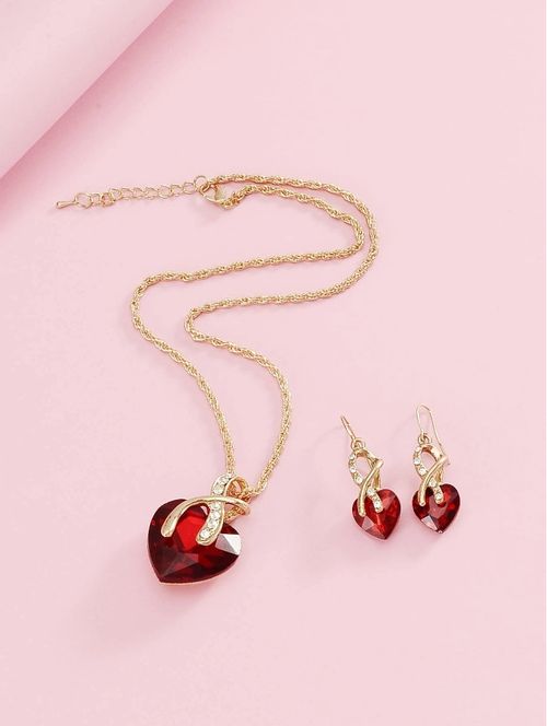 Women's Heart Necklace + Earrings - 2 Pieces Red