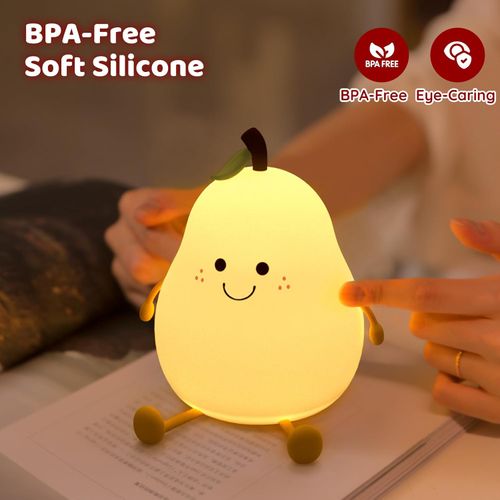 Cute Night Light Rechargeable with 7 Color Changing and Timer, Kids Pear Night Light for Toddler Baby Christmas Gifts, Touch Portable LED Silicone Lamp for Nursery