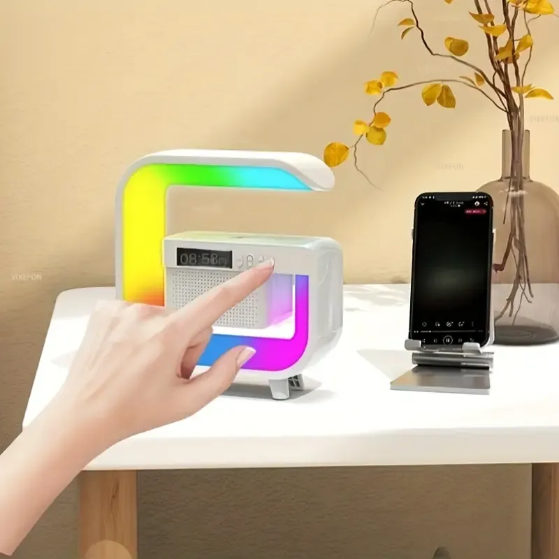 New 4-in-1 Wireless Charging Speaker Colorful LED Desk Lamp Wireless Charging Wireless Speaker Multi functional Hifi Speaker Heavy Bass Speaker Time Alarm Clock TF Card Speaker