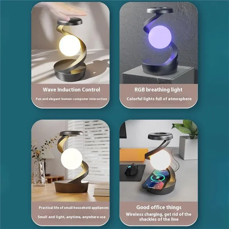 Spiral Levitation Floating Light RGB Night Light with Phone Wireless Charging Pad
