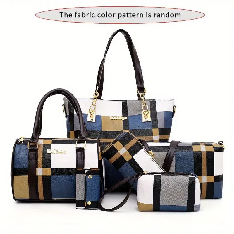 6pcs-set Large Capacity Shoulder Bag with Checkered Pattern and Multiple Functions: Handbag, Crossbody Bag, Clutch Bag, Long & Short Wallet