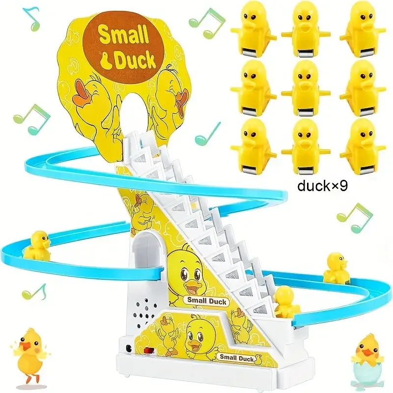 Little yellow duck slide track, light and music, little duck automatically climbs stairs, cute and cute children's toys