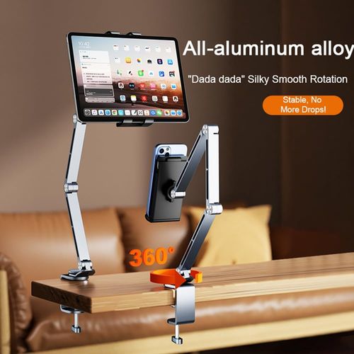 Rotatable Holder Stand Tablet Holder Multi-Angle Design Phone Clip Swivel Mount Desktop Aluminum Alloy Cantilever Bed Desk Home Live Folding Bracket Compatible with 4 inches - 13 inches Phone Tablet (Gray)