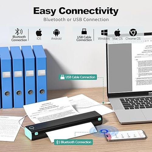 Portable Travel Wireless Printer M08F Thermal Wireless Printer Support, Inkless Bluetooth Printer Compatible with Mobile Phones, Laptops and PCs, Suitable for Travel, Business, Office