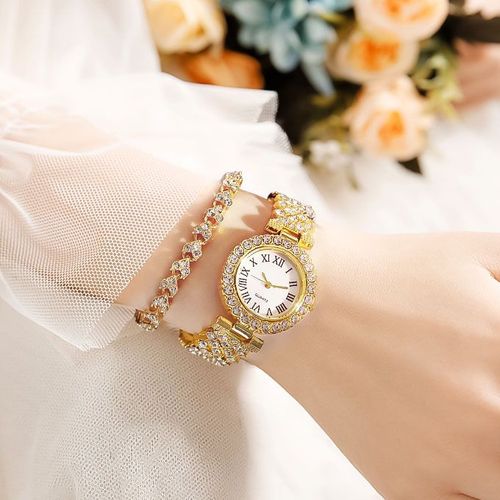 Elegant Studed Ladies Wristwatch With Hand Chain-Gold