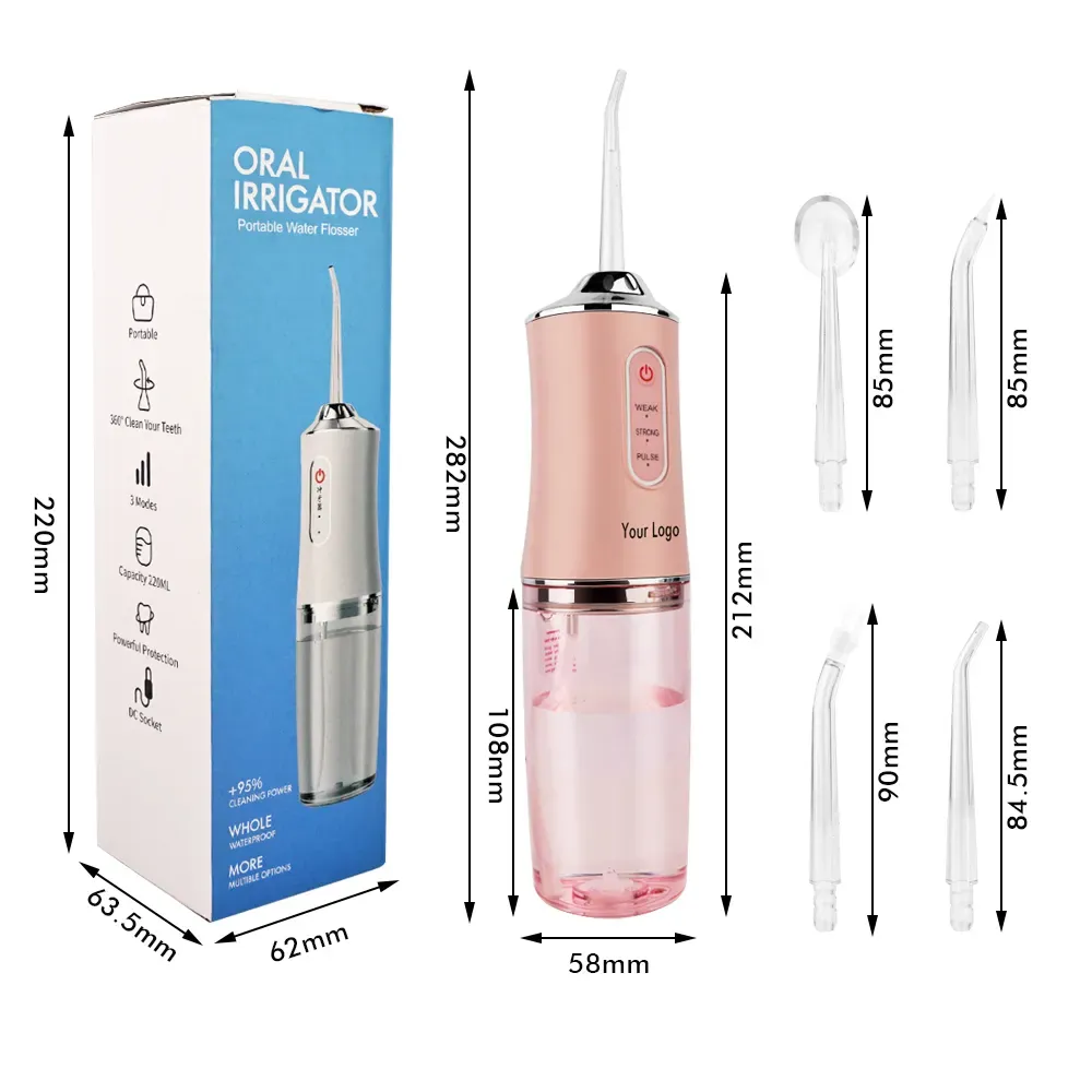 Portable dental flosser oral irrigator USB charging with dental floss spray tooth pick 4 tips 220 ml mouthwash machine