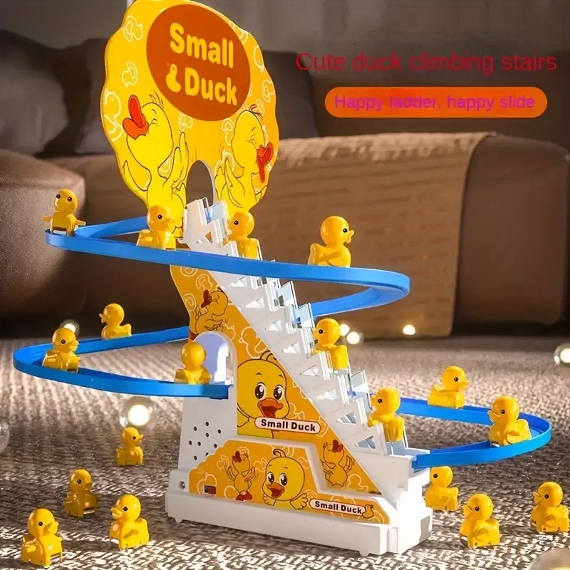 Little yellow duck slide track, light and music, little duck automatically climbs stairs, cute and cute children's toys