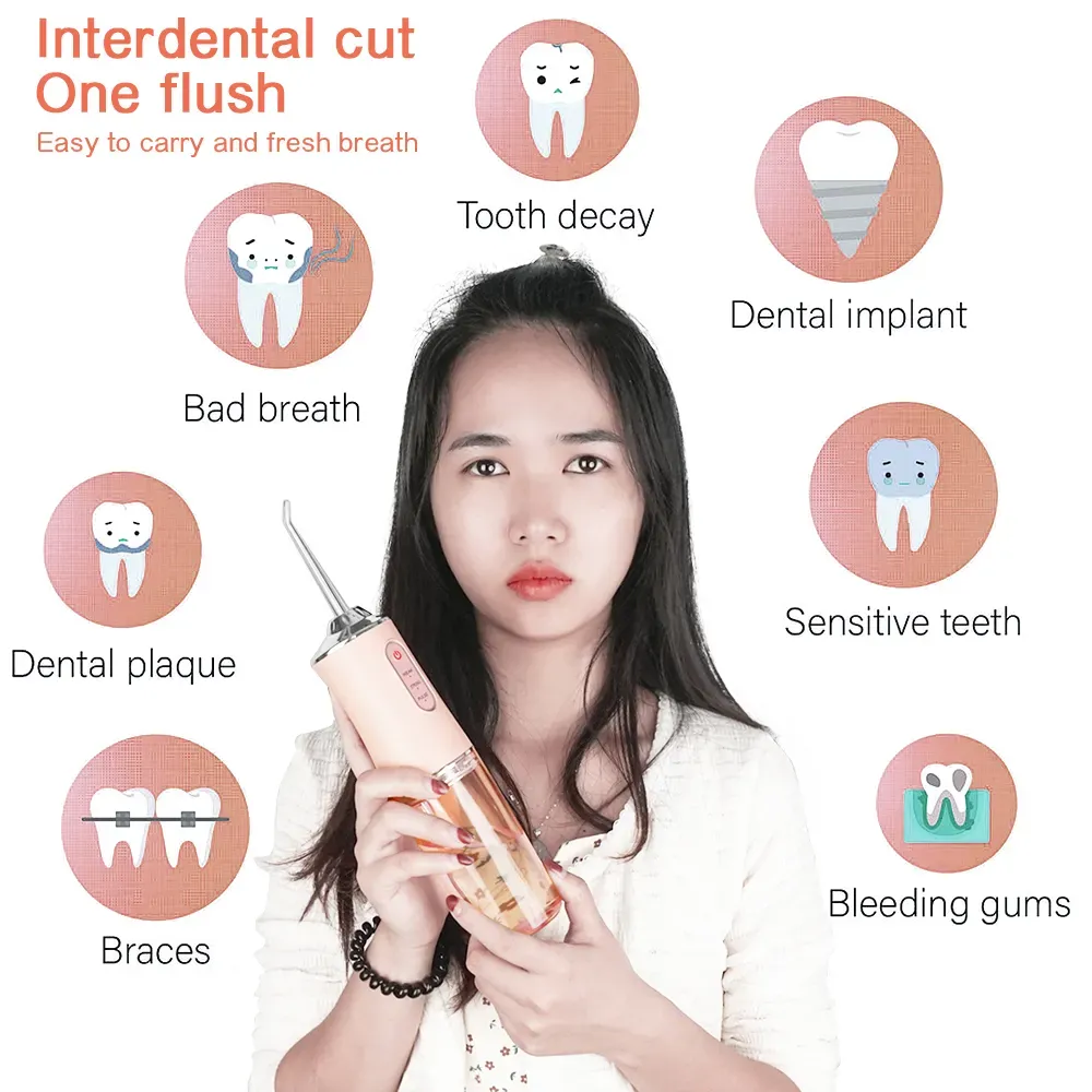 Portable dental flosser oral irrigator USB charging with dental floss spray tooth pick 4 tips 220 ml mouthwash machine