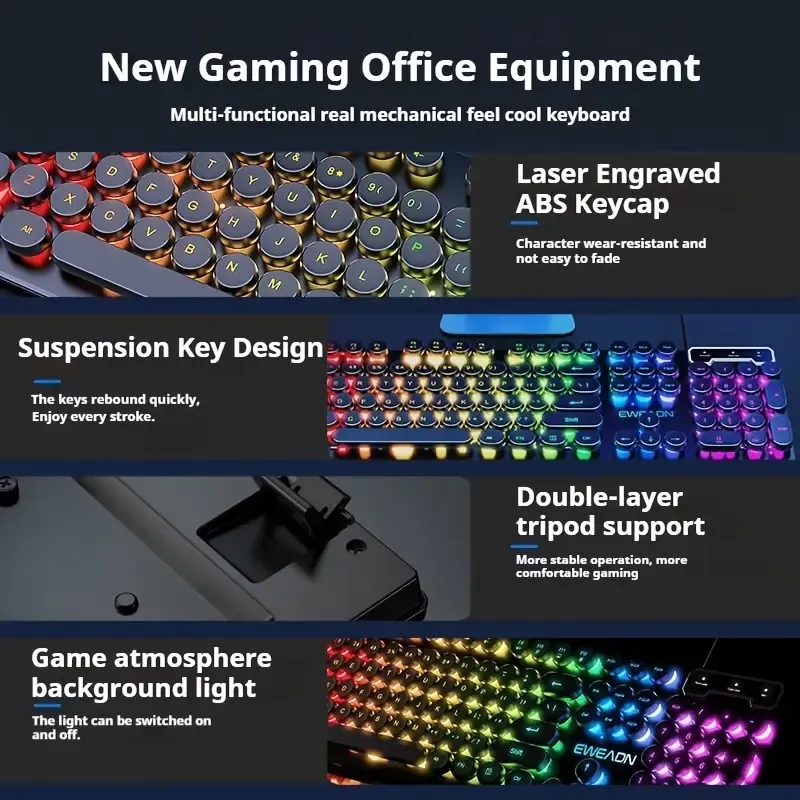 EWEADN GX330 Retro-Style Wired Gaming Keyboard - Experience Ergonomic Comfort with Silent, LED-Backlit Keys and Seamless USB Connectivity for PC and Laptop