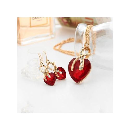 Women's Heart Necklace + Earrings - 2 Pieces Red
