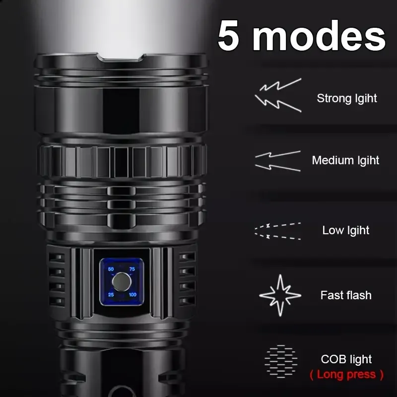 New Most Powerful Led Flashlights Tactical Rechargeable Flashlight Built-in 15000mAh Battery Long Range Spotlights Torch Light with COB Light