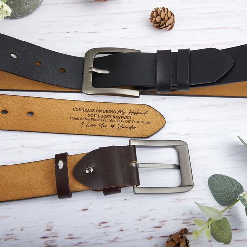 Congrats On Being My Boyfriend - Couple Personalized Custom Engraved Leather Belt - Gift For Husband Wife, Anniversary