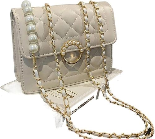 2024 Fashionable New Pearl Chain Bag Casual Shoulder Bag Solid Color Messenger Bag Diamond Small Square Bag Women's Bag