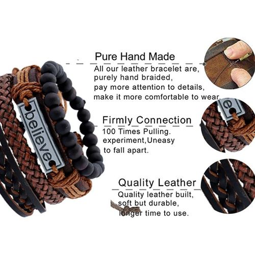 4 In 1 PU Leather Mens Bracelets Retro Braided Adjustable Hand Bracelet