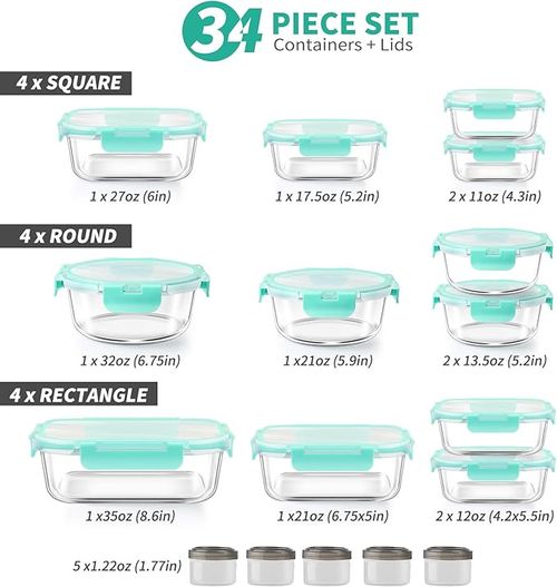 12-Pack Airtight Glass Food Storage Containers with Leakproof Snap Lock Lids - Oven, Microwave & Freezer Safe