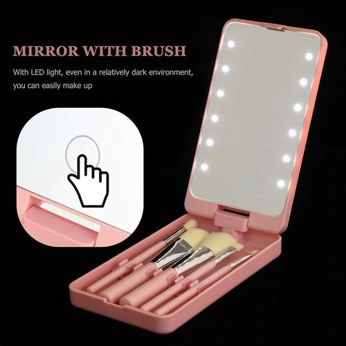 Travel Set Compact Mirror Brushes Makeup Mirror Brush Set with LED Lights