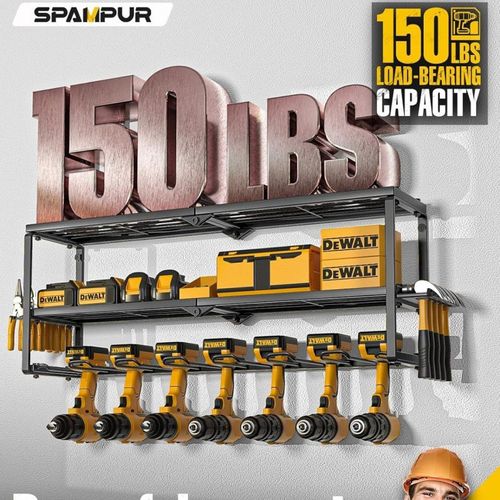 SDY Power Tool Holder and Storage Rack for Garage Organization, Heavy Duty Metal Tool Rack with Battery Holder