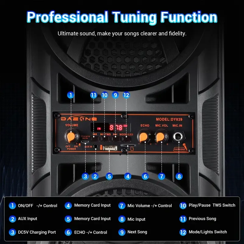 Dual 6.5in Portable Speaker, Wireless Sub Woofer Heavy Bass Sound System, Car Stereo Receivers, with LED Lights, Mic, for Outdoor RV Party-Black