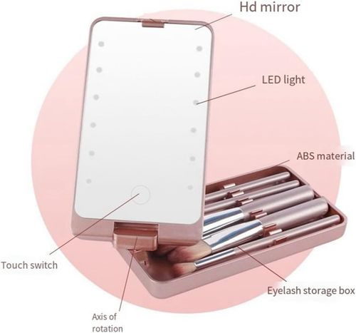 Travel Set Compact Mirror Brushes Makeup Mirror Brush Set with LED Lights
