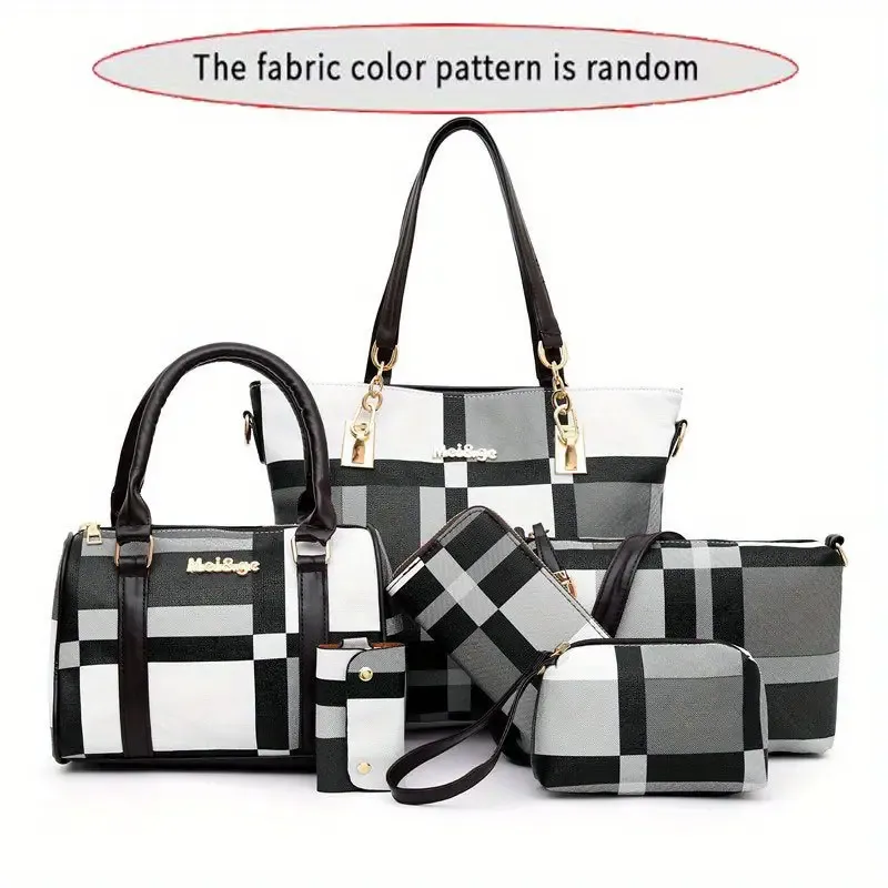 6pcs-set Large Capacity Shoulder Bag with Checkered Pattern and Multiple Functions: Handbag, Crossbody Bag, Clutch Bag, Long & Short Wallet
