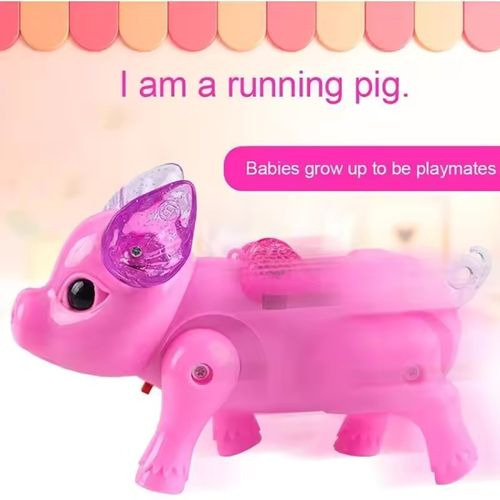 Motorized pull string animal toy pig with glow-in-the-dark music