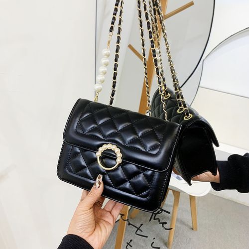 2024 Fashionable New Pearl Chain Bag Casual Shoulder Bag Solid Color Messenger Bag Diamond Small Square Bag Women's Bag