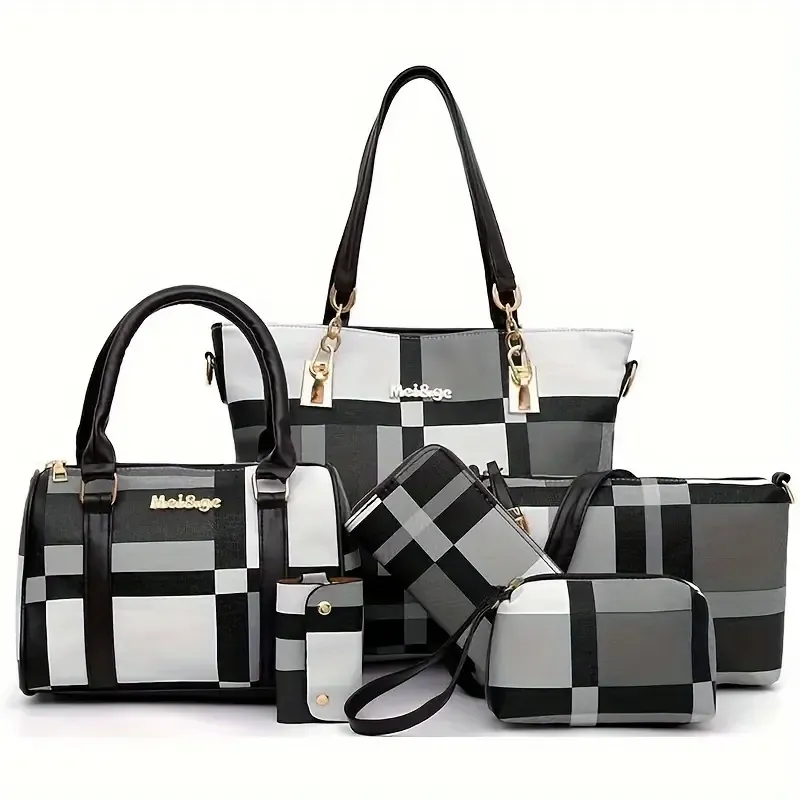 6pcs-set Large Capacity Shoulder Bag with Checkered Pattern and Multiple Functions: Handbag, Crossbody Bag, Clutch Bag, Long & Short Wallet