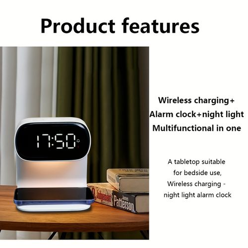 Headboard clock with 15W wireless charging and dimmable night light