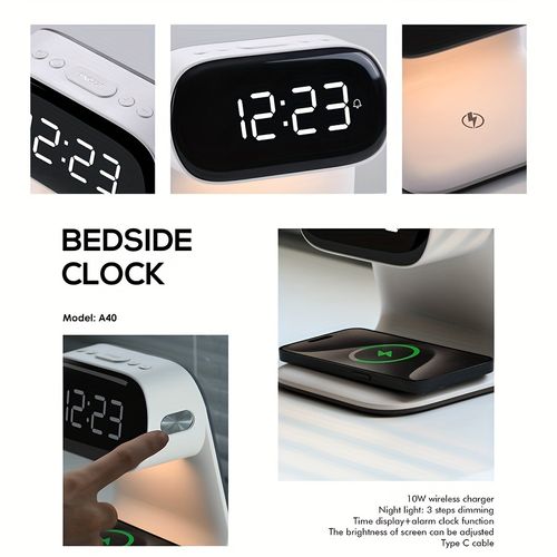 Headboard clock with 15W wireless charging and dimmable night light