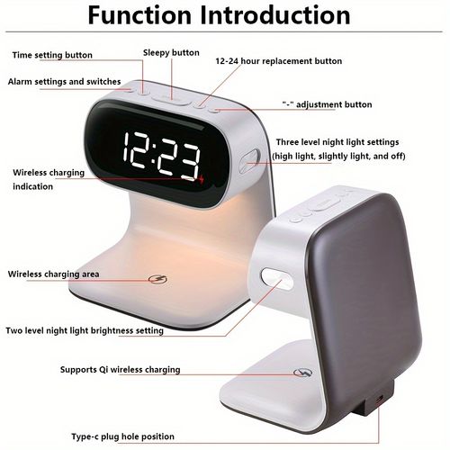 Headboard clock with 15W wireless charging and dimmable night light