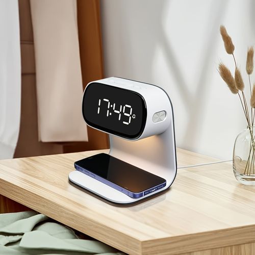 Headboard clock with 15W wireless charging and dimmable night light