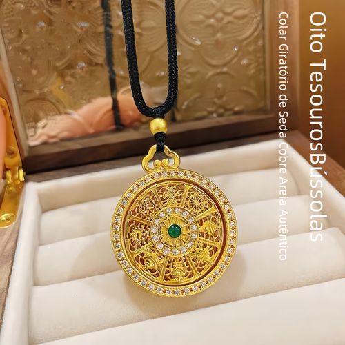 Colar com pendente de bússola giratório de oito tesouros em ouro areia