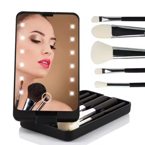 Square Portable Plastic Personalised Led Lights Quality Makeup Face Brush Mirror Set Holder